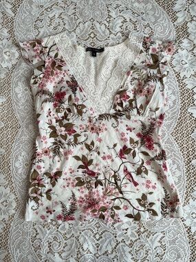 Faith Passion Floral V-Neck Tie Back Top, Pink & Ivory, Size S